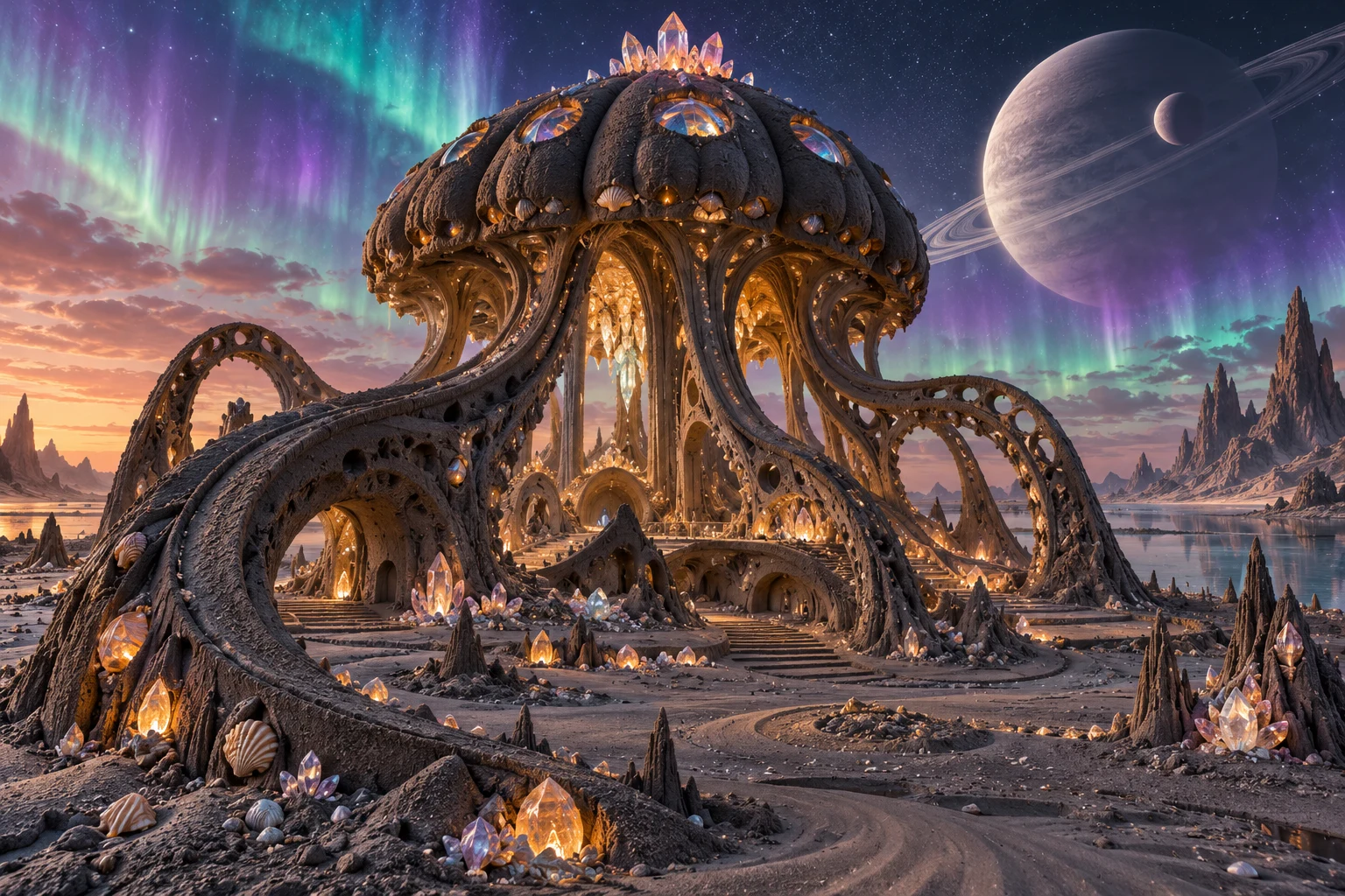 A jellyfish-shaped sand palace with arches and glowing windows beneath a ringed moon.