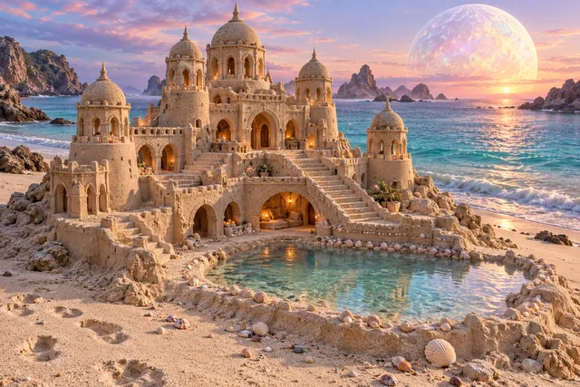 Domed sandcastle palace with broad stairs and a turquoise pool beneath an opalescent moon.