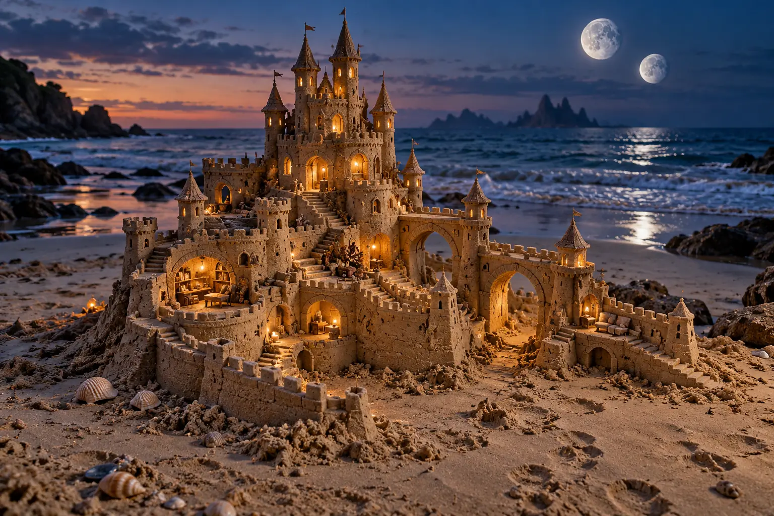 Twin Moons Over a Sandcastle Fortress.