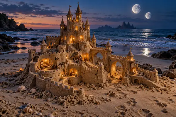 Twin Moons Over a Sandcastle Fortress.