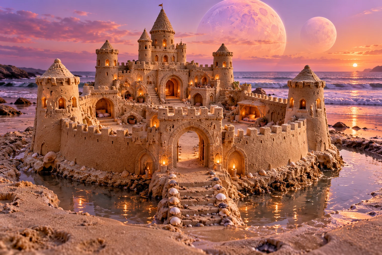 Peach-colored sandcastle with a shell-lined entrance bridge beneath twin moons.