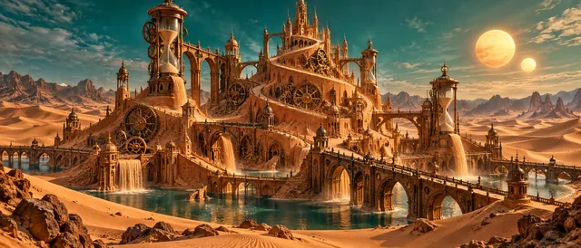 A clockwork sandcastle with gears, towers, and arches stands above desert pools under twin suns.