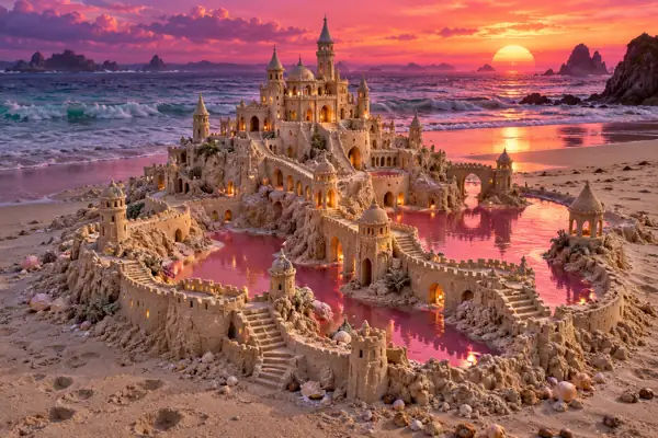Ivory sandcastle at an alien sunset.