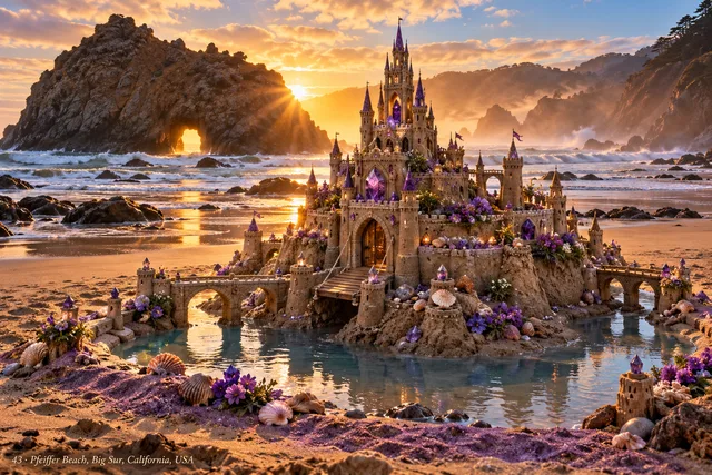 An amethyst-lit sandcastle stands beside Keyhole Rock as sunlight passes through the opening.