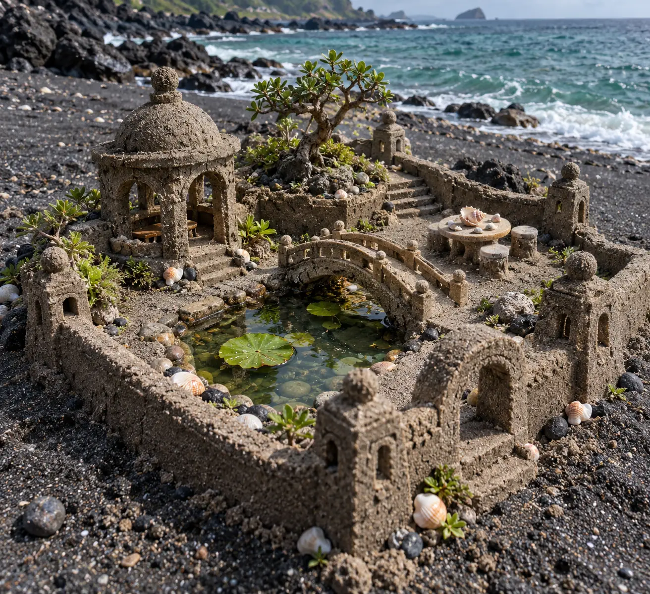 Black-Sand Pavilion Garden by Emerald Sea.