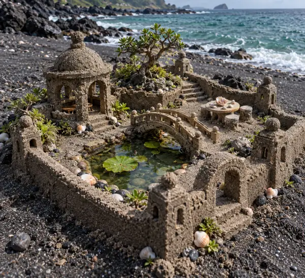 Black-Sand Pavilion Garden by Emerald Sea.