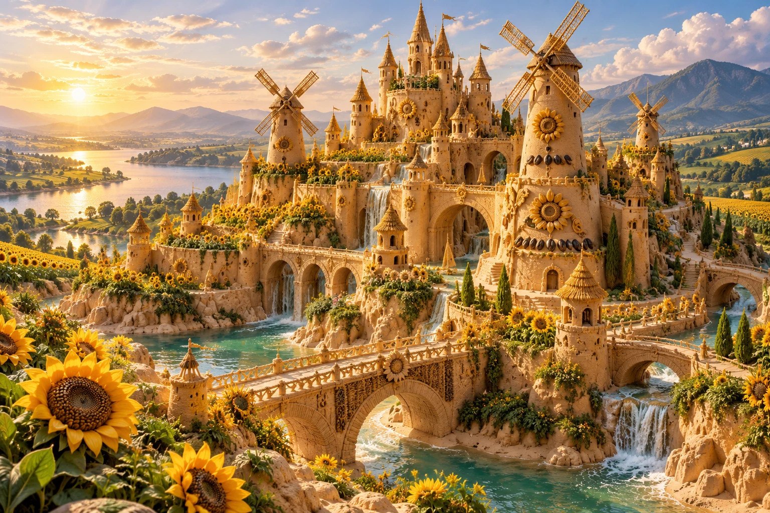 A sunflower-covered sandcastle with windmills in a green countryside of fields and rivers.