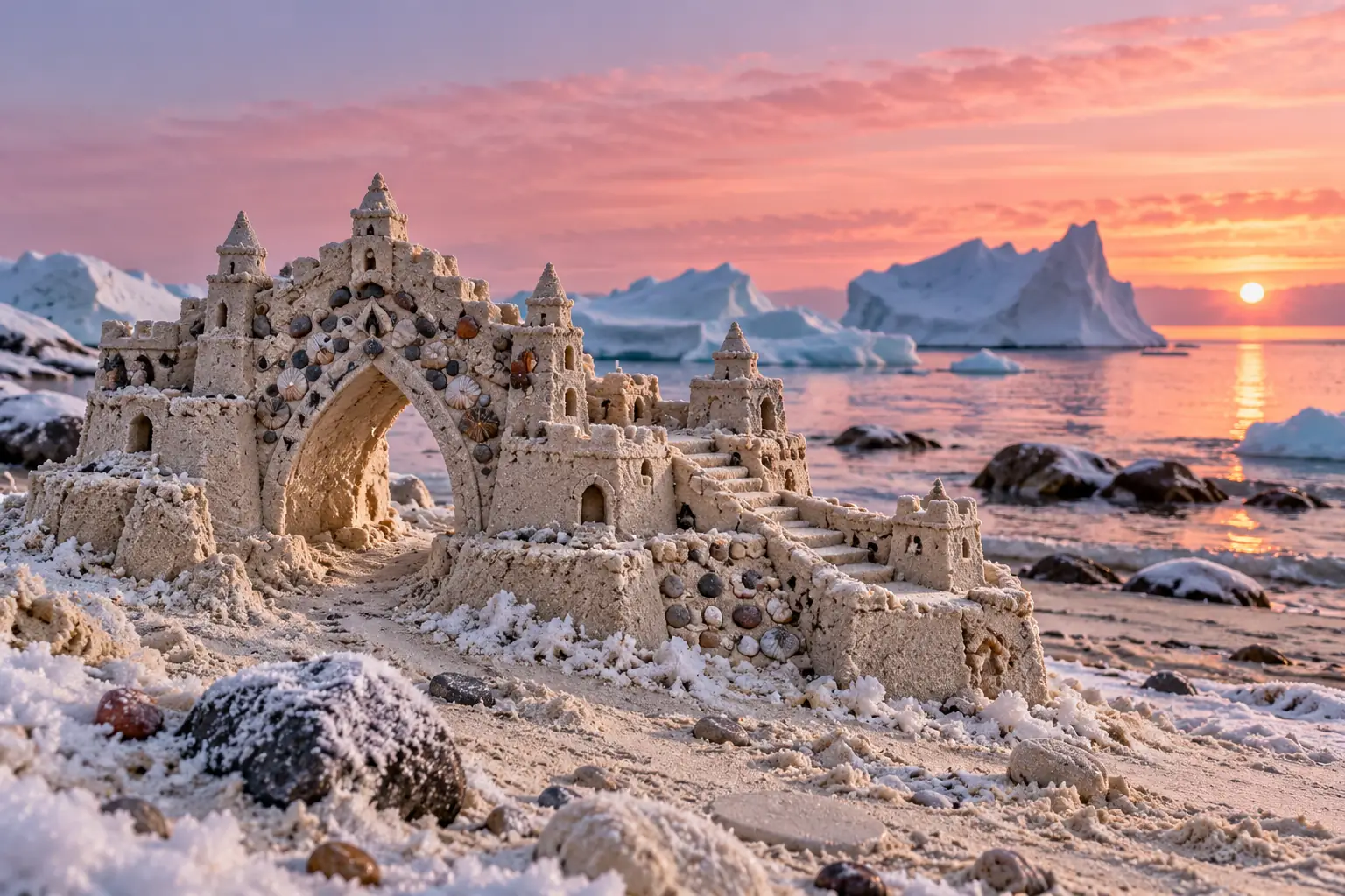 Frost-Kissed Arctic Sandcastle at Pink Dawn.