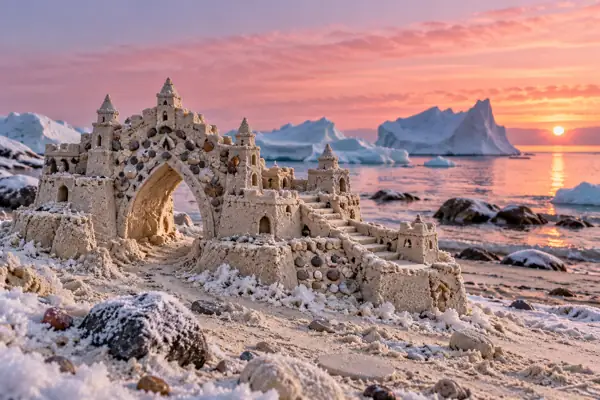Frost-Kissed Arctic Sandcastle at Pink Dawn.