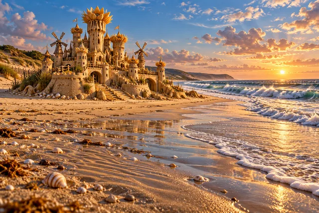 A sunflower-inspired sandcastle on a golden beach beside gently breaking surf.