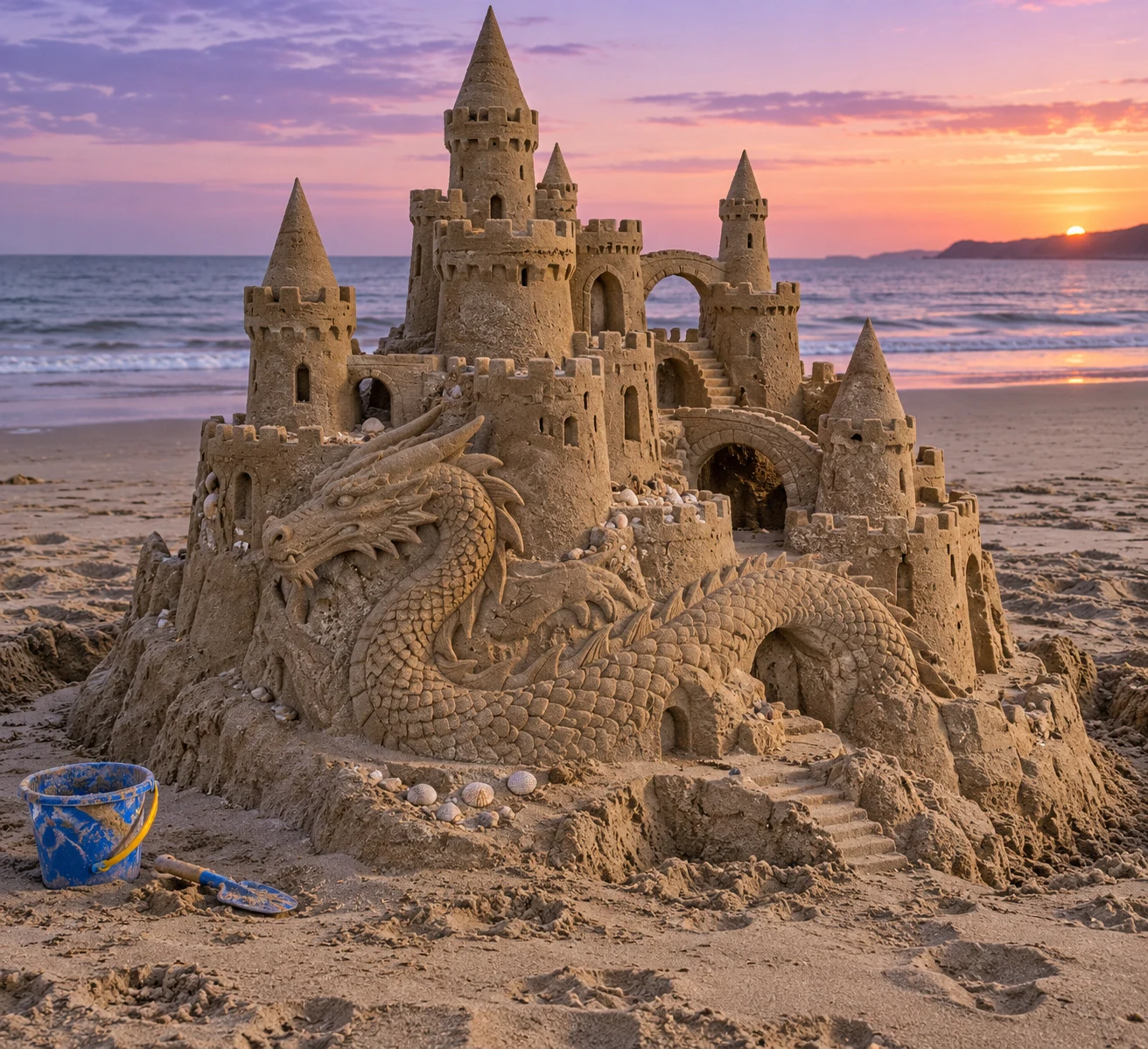 A sandcastle with an integrated coiled dragon sculpture beneath a lavender twilight sky.