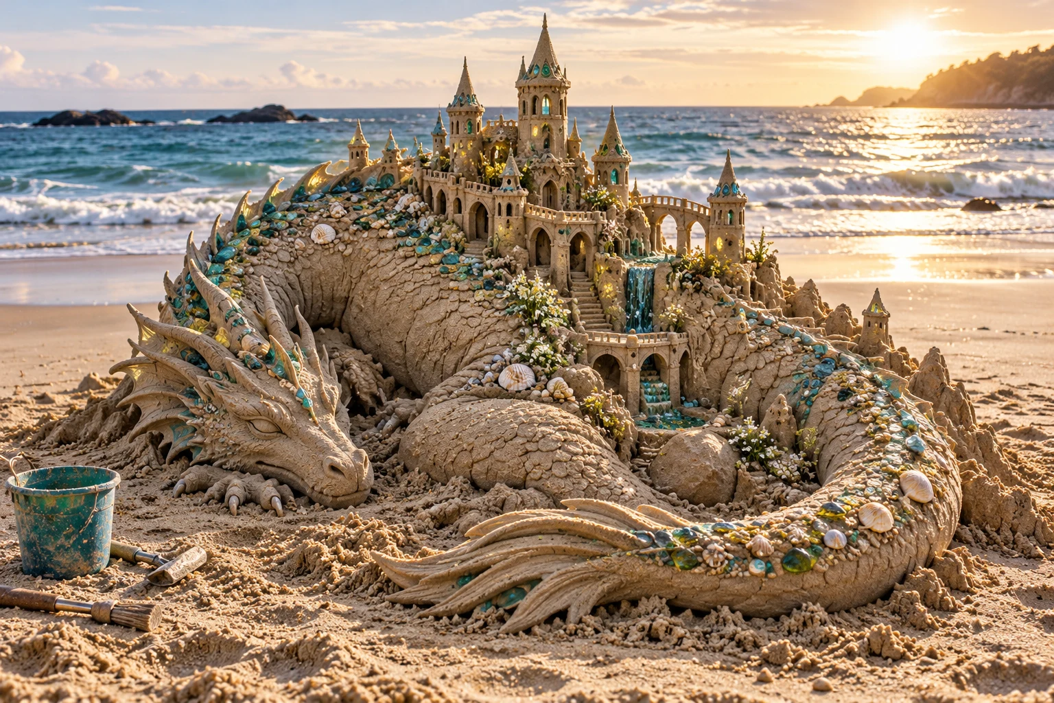 A coiled sand dragon cradles a miniature castle on a sunny beach.