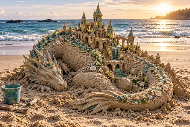 A coiled sand dragon cradles a miniature castle on a sunny beach.