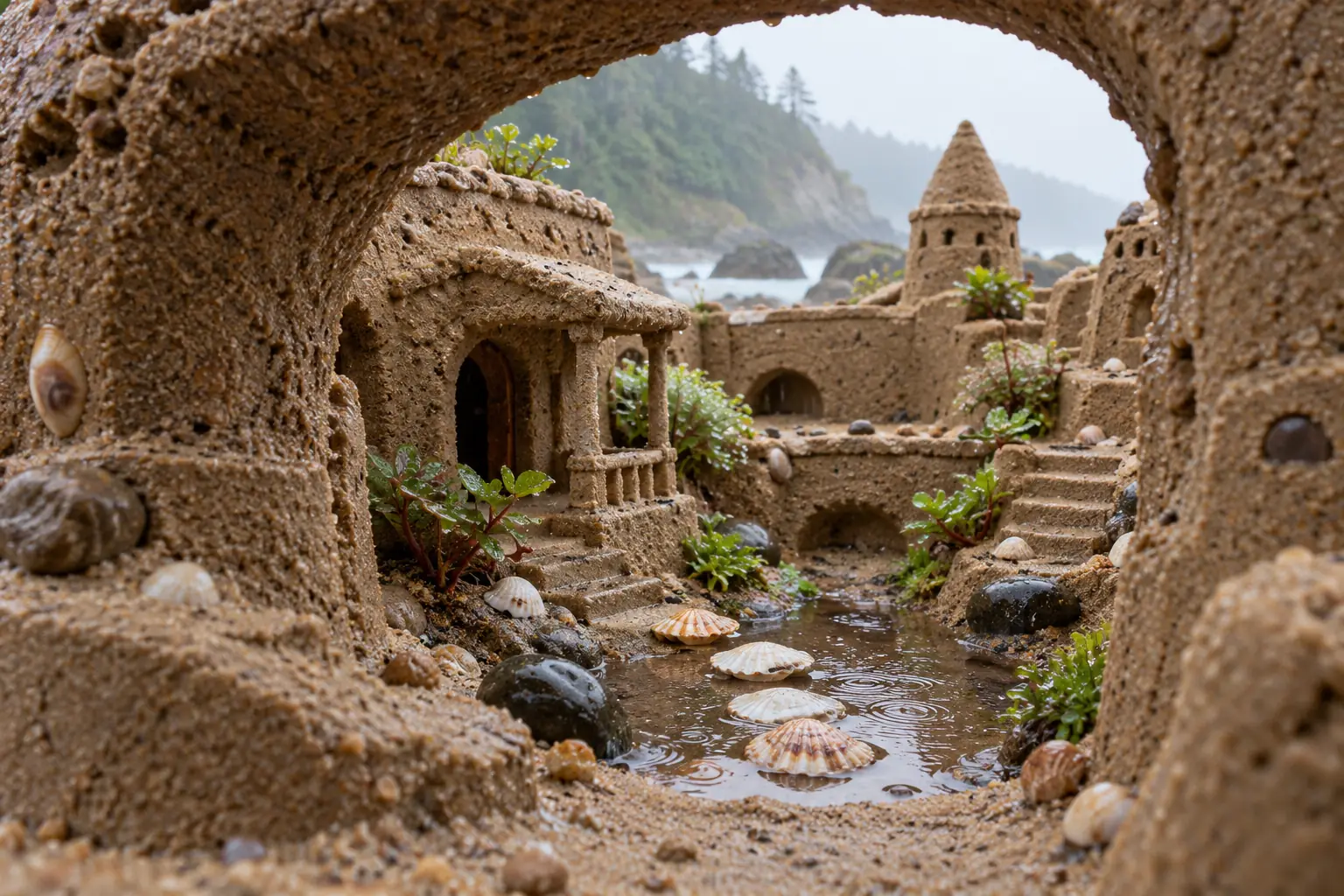 Rain-kissed miniature sand garden.