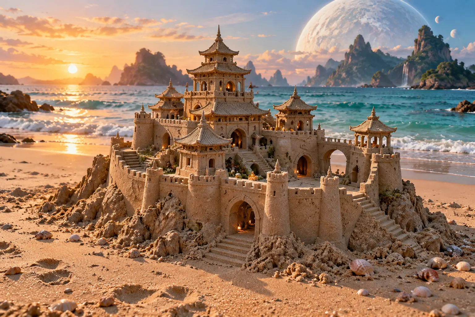 Pagoda sandcastle beneath a giant white planet.