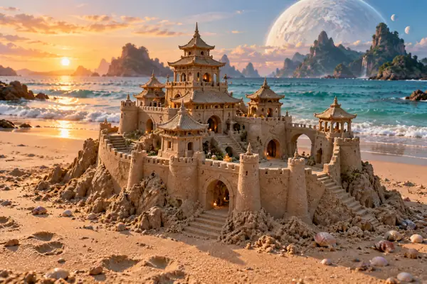 Pagoda sandcastle beneath a giant white planet.