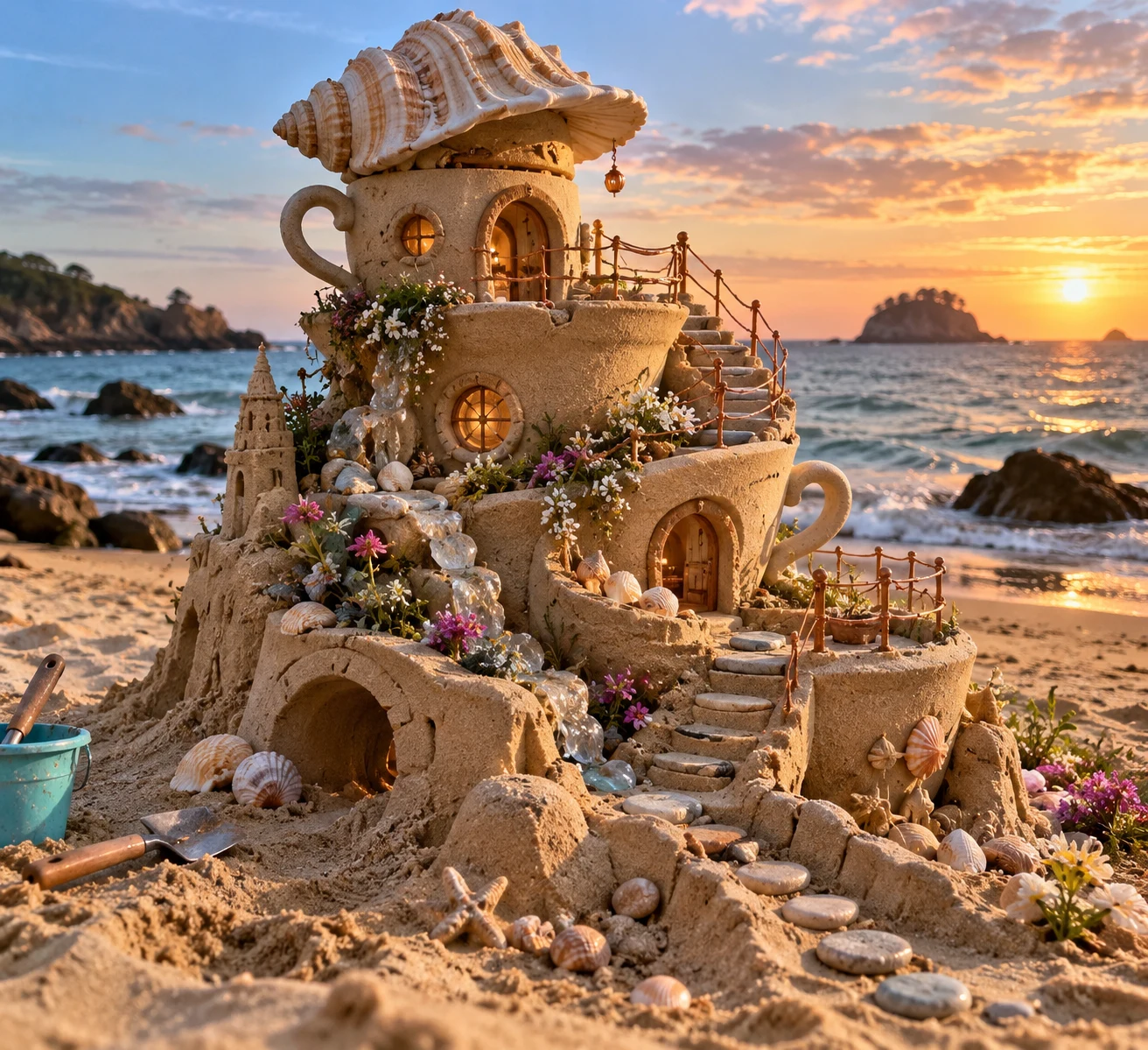 A stacked teacup-shaped sand home with shell roofing and glowing circular windows.