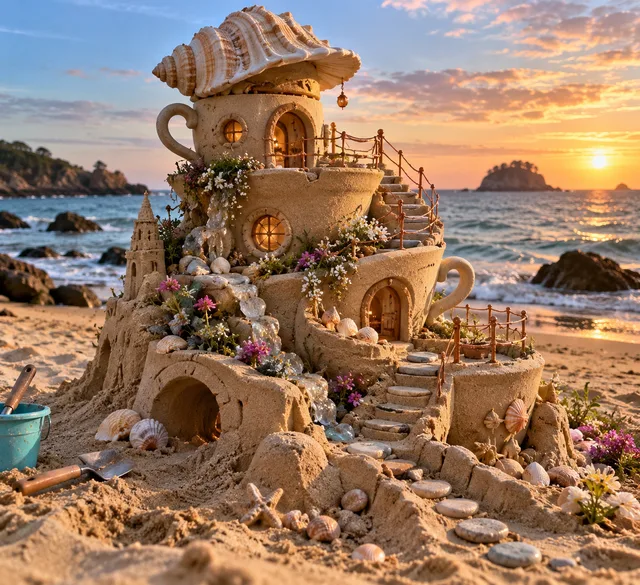 A stacked teacup-shaped sand home with shell roofing and glowing circular windows.