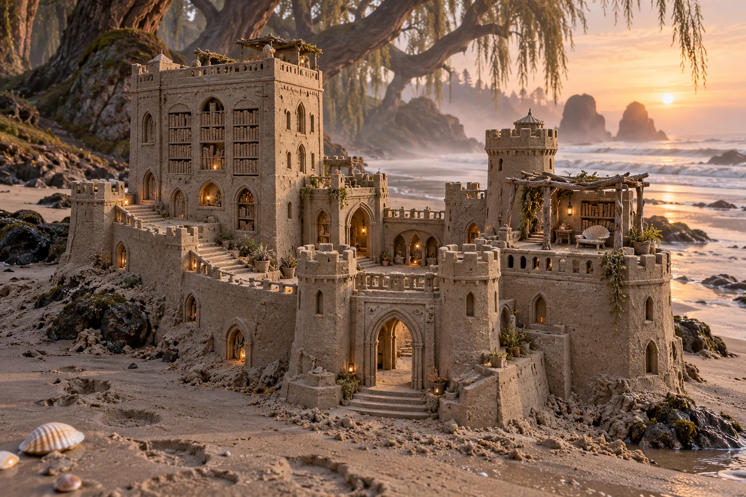 Sandcastle library with open bookshelves and a shaded terrace beneath willow trees.