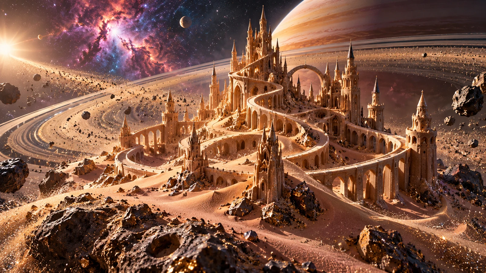 A rose-gold sandcastle stands on a rocky celestial landscape beneath a giant ringed planet.
