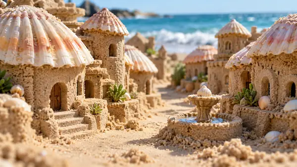 Shell-roofed sand village by the sea.