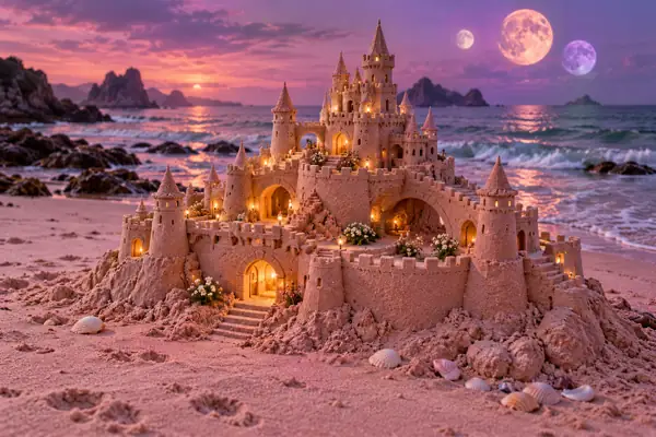 Pink Sandcastle Beneath Three Moons.