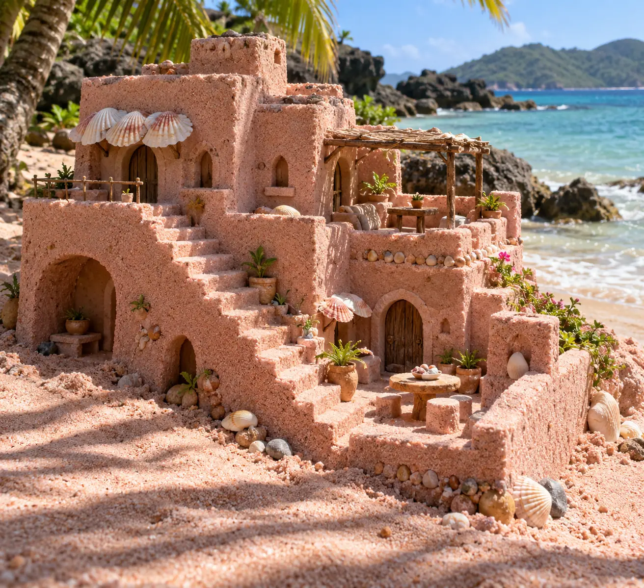 Pink sand townhouse in a tropical cove.