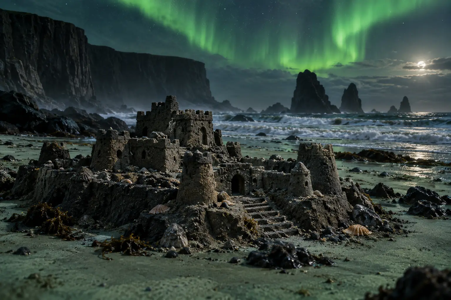 Charcoal Sand Fort Beneath Green Aurora.