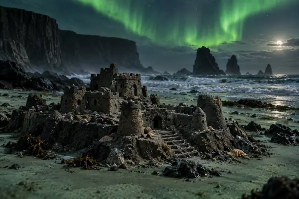 Charcoal Sand Fort Beneath Green Aurora.