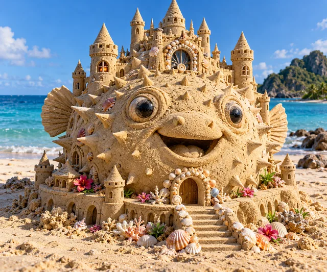 A pufferfish-shaped sandcastle with spires, shell decorations, and an arched front door.