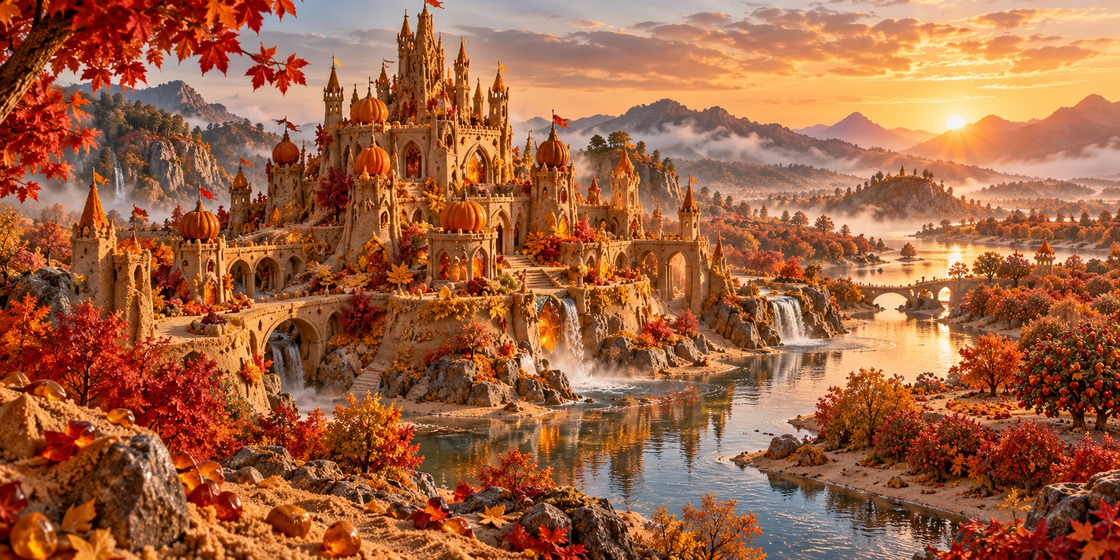 A golden sandcastle palace rises among red autumn trees beside a winding river.