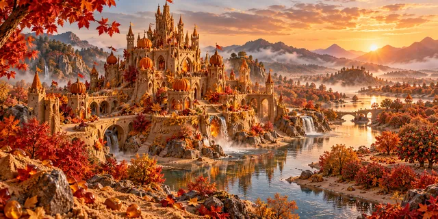 A golden sandcastle palace rises among red autumn trees beside a winding river.