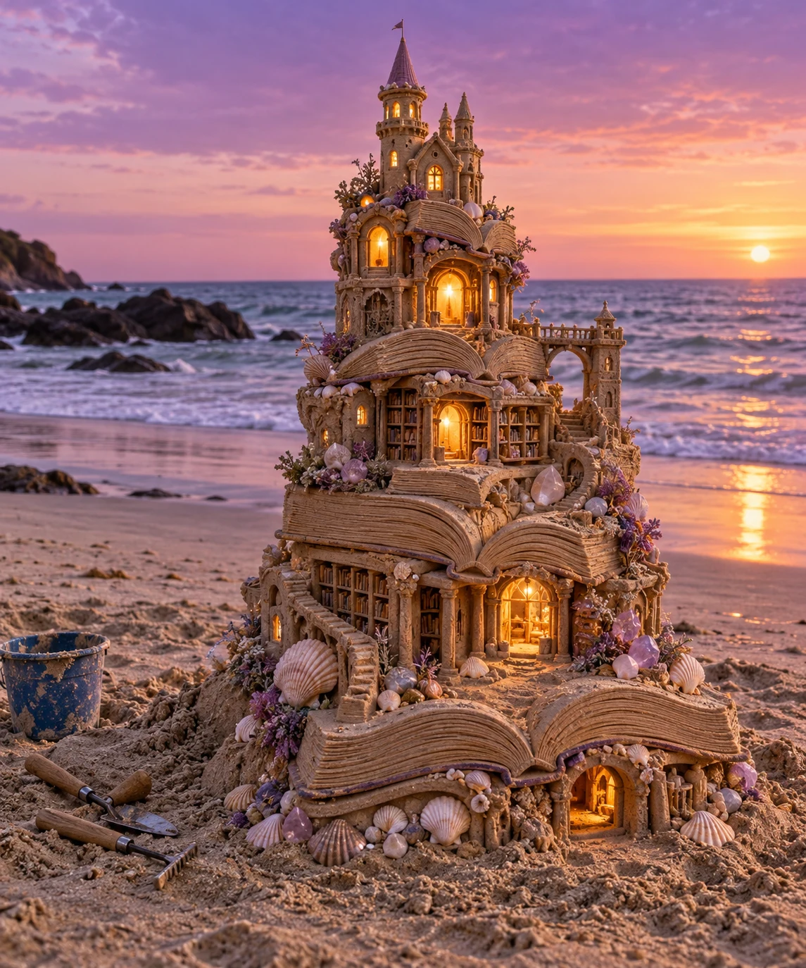 A whimsical tower-shaped sand library with glowing windows and book-like carved details at twilight.