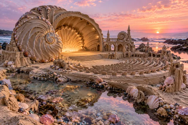 A nautilus-shell sand amphitheater with tiered seating and bridges beside tide pools.
