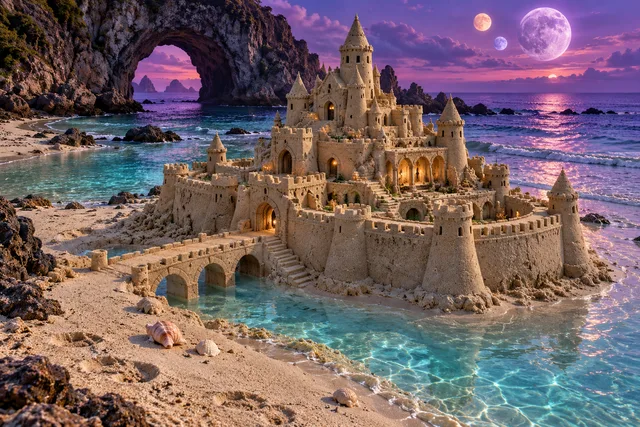 Sandcastle surrounded by turquoise water beneath three moons and a natural rock arch.