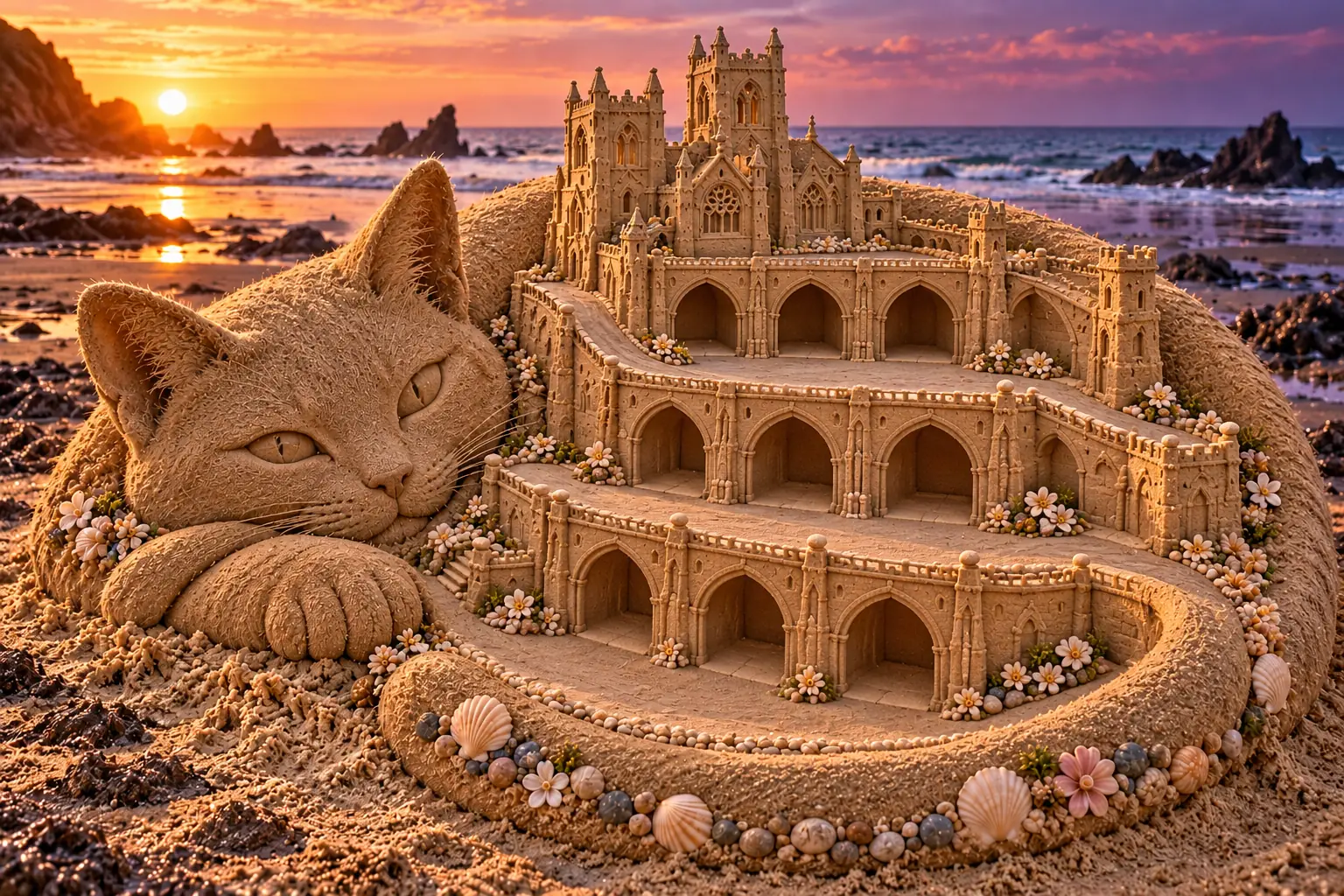 Hand-sculpted sand cat and Gothic cathedral.