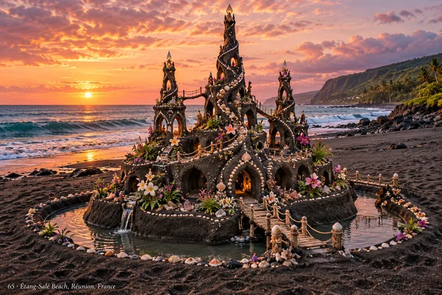 An orchid-inspired palace sculpted from dark sand beside the sea at Étang-Salé.