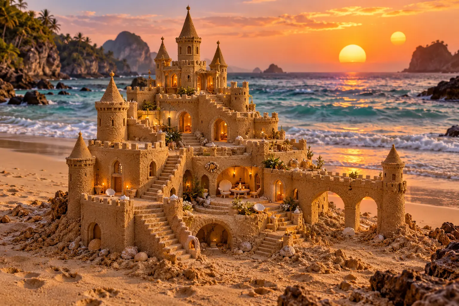 Handcrafted Sandcastle Beneath Twin Suns.