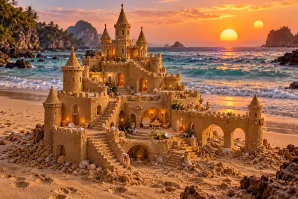 Handcrafted Sandcastle Beneath Twin Suns.