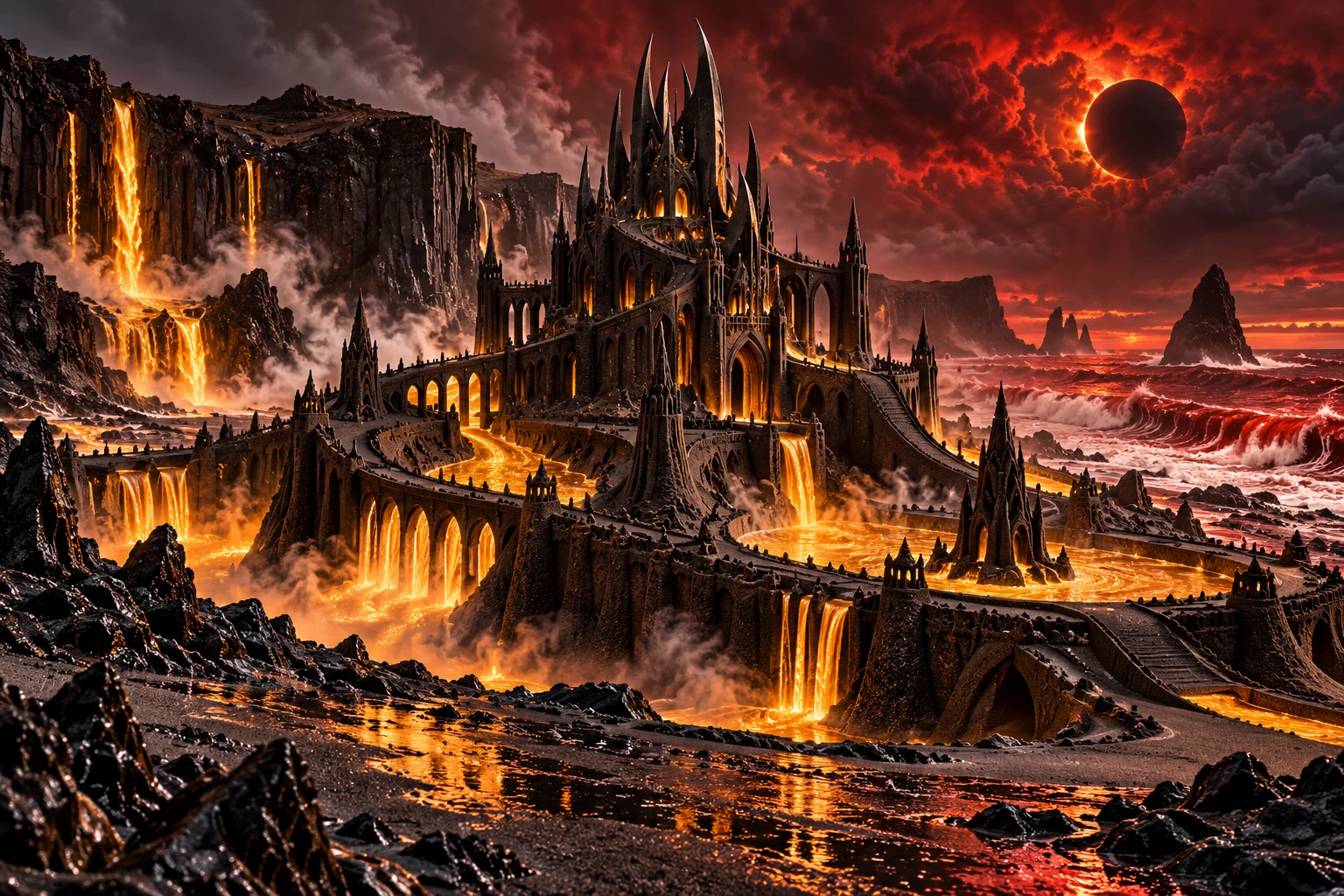 A jagged obsidian sandcastle glows with lava beneath a red sky and eclipsed sun.