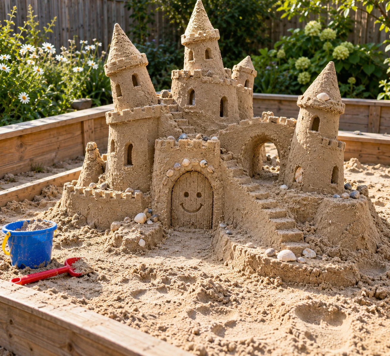 A crooked sandcastle with a smiling doorway in a sunlit garden.