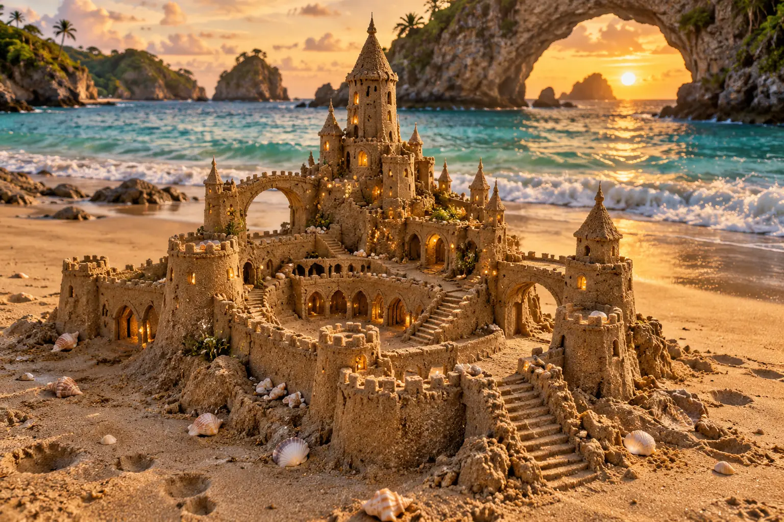 Golden Sandcastle Beneath a Sea Arch.