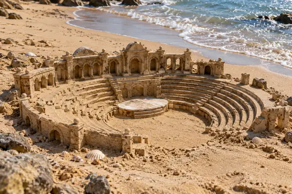 Horseshoe sand amphitheater by the surf.