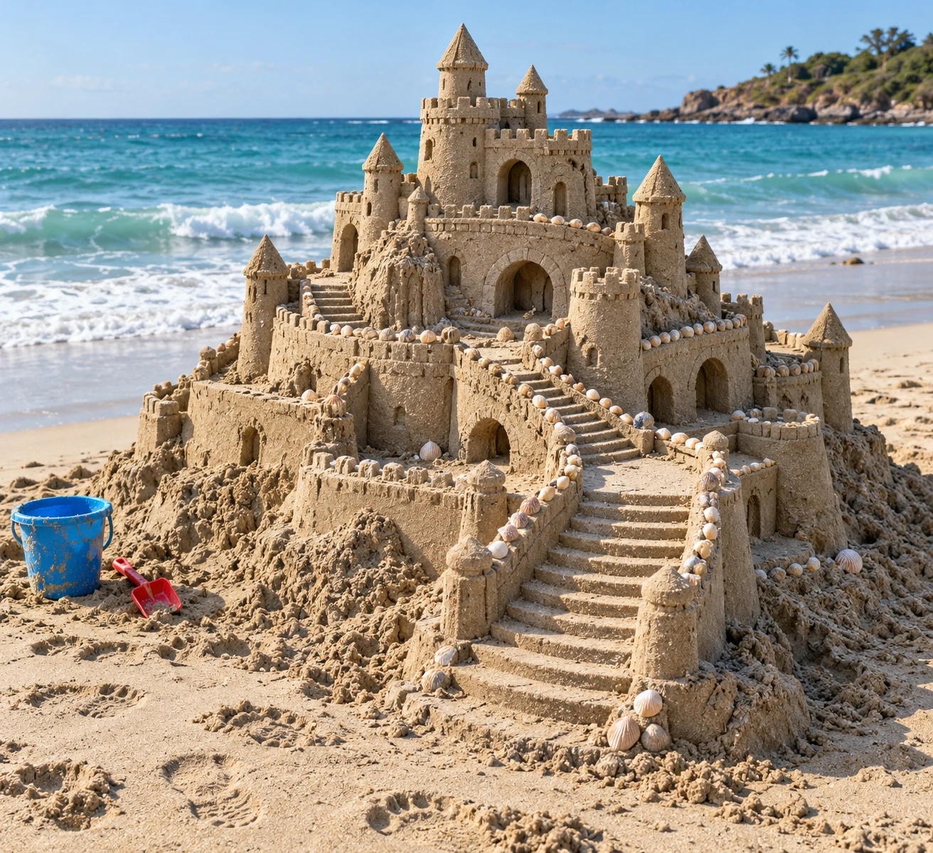 A terraced sand palace with arched openings beside turquoise surf.
