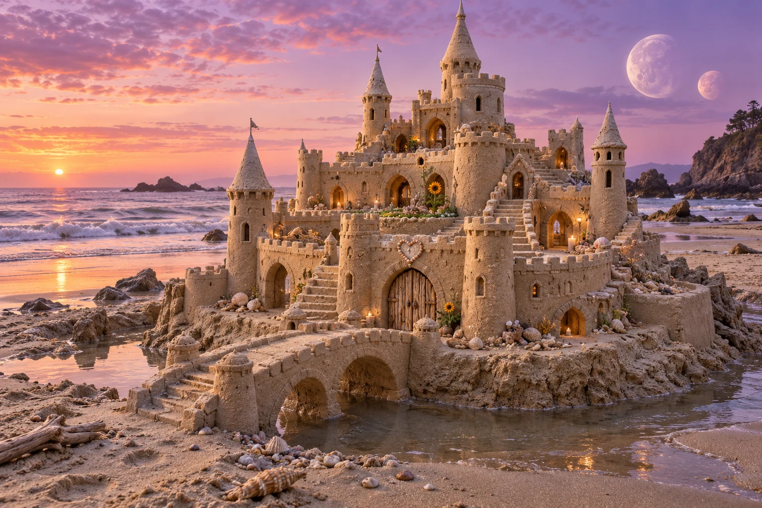Turreted sandcastle with a shell heart over the gate beneath twin moons.