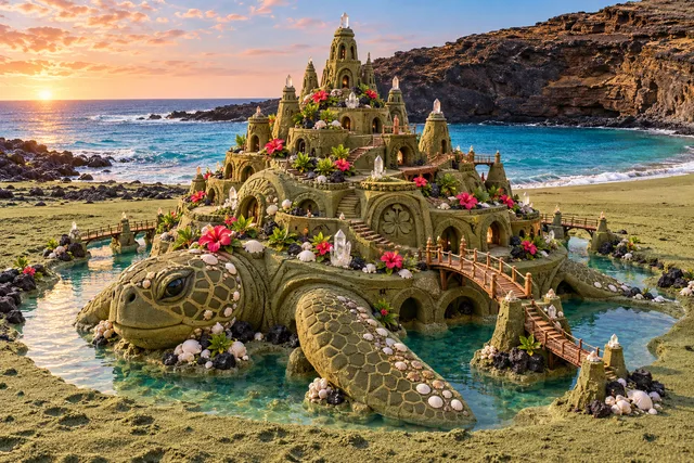 A green-sand citadel built around a sculpted turtle form at Papakōlea Beach.