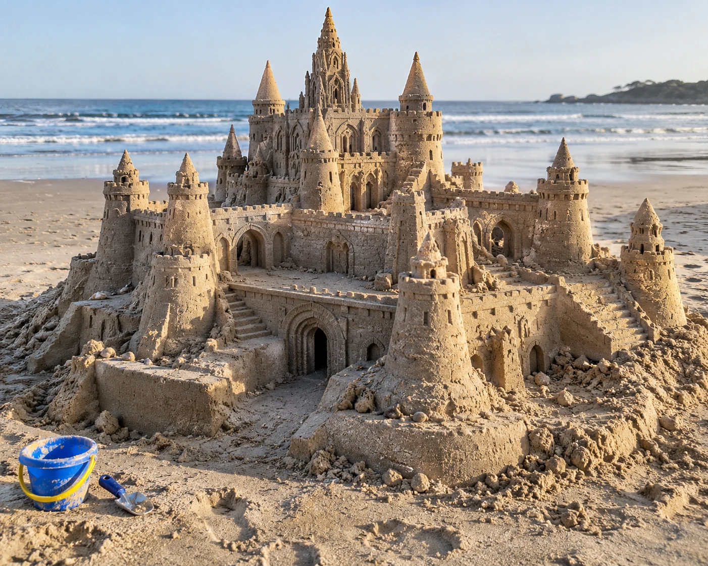 A sandcastle cathedral and courtyard with carved windows and shell decorations.