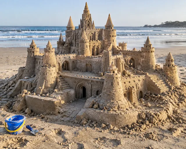 A sandcastle cathedral and courtyard with carved windows and shell decorations.