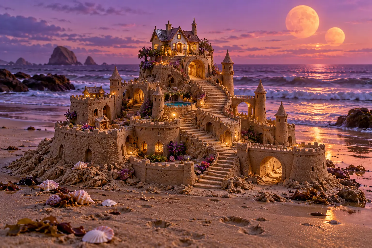 Tiered Sandcastle Beneath Twin Peach Moons.