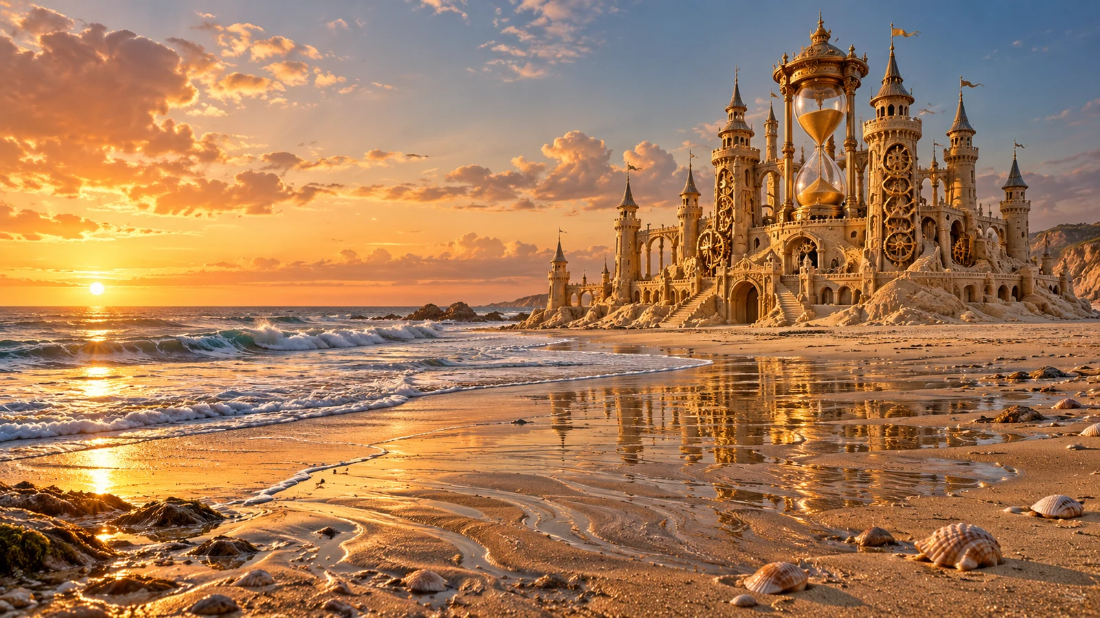 An elaborate clockwork sandcastle with carved clock faces on a golden beach at sunset.